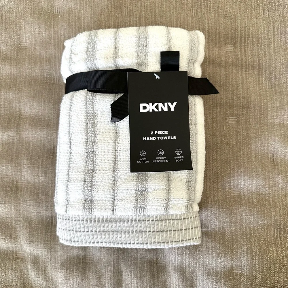 DKNY Hand Towels Set of 2 Cotton Gray & White Stripes NEW